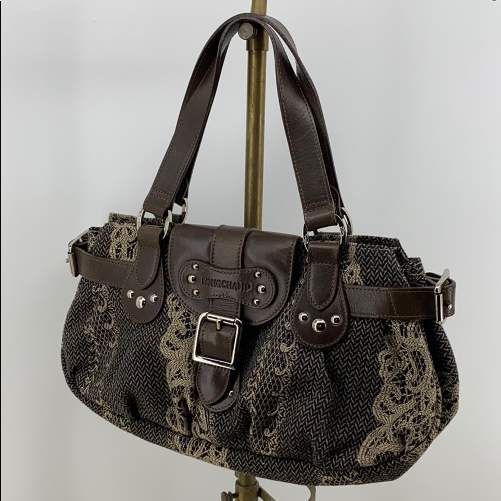 Longchamp fabric leather shoulder hobo brown BIN6